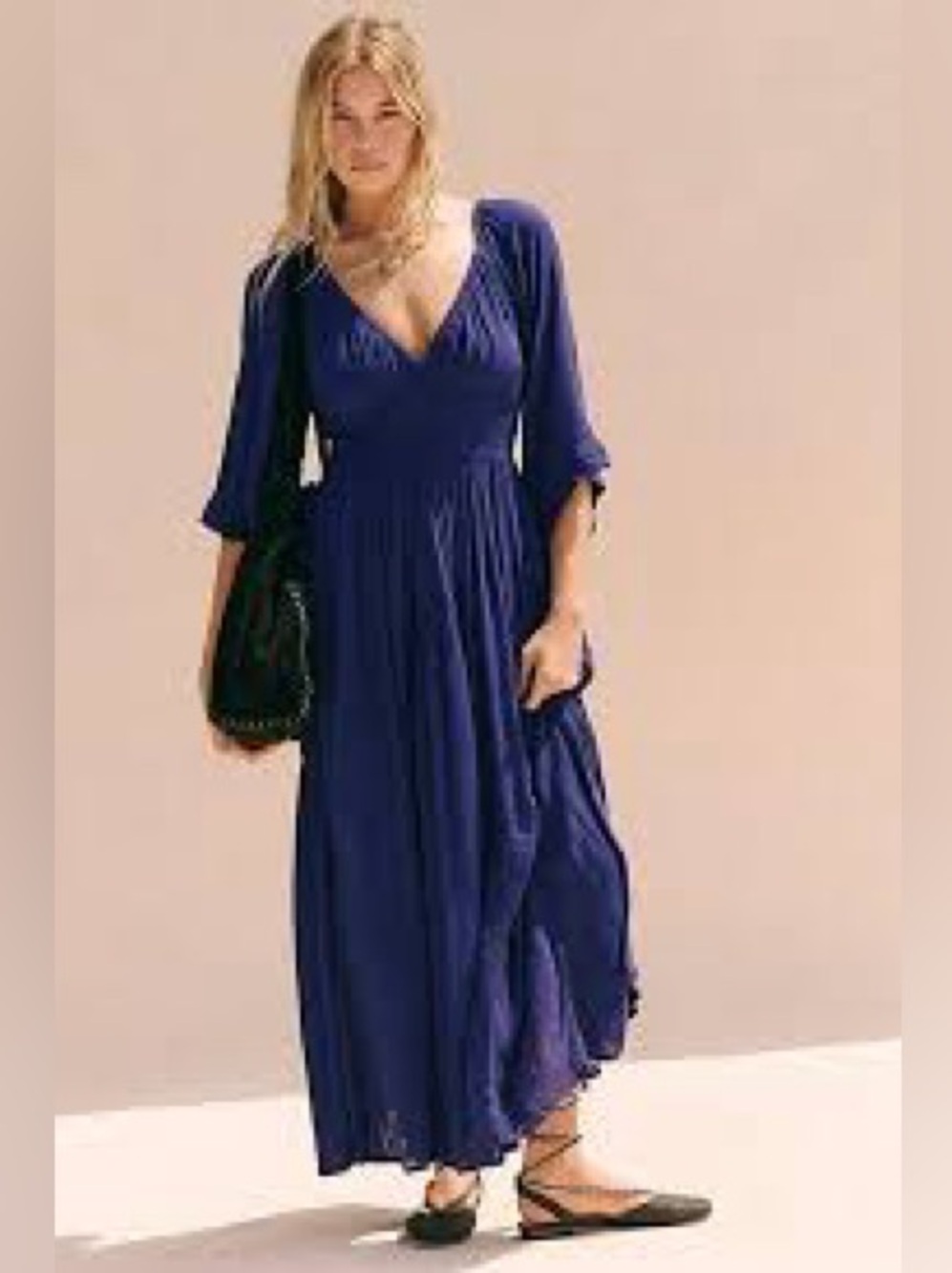 Free People Blue / Purple V Neck Maxi Dress Dixie with Smocked Waist Boho - Picture 3 of 9